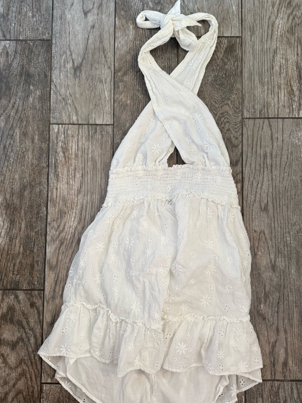 aerie White Eyelet Halter Dress with Ruffle Hem